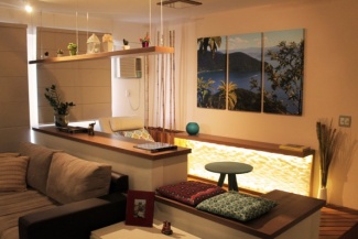 Quadro bem tropical marcante em um ambiente multiuso bem aconchegante. 