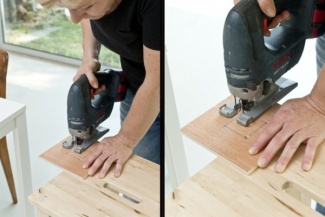 Na outra placa fure a passagem do fio.Corte o centro, lixe e retire o pó com uma flanela.