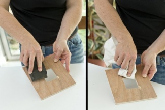 Na outra placa fure a passagem do fio.Corte o centro, lixe e retire o pó com uma flanela.