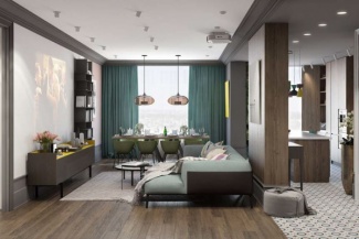 Madeira e verde para aconchegar a família, na cozinha quase integrada;