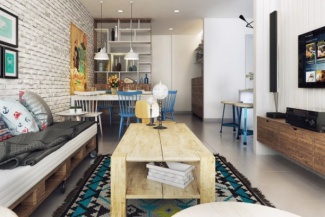 Neste, muita rusticidade do industrial. Ambiente integrado, com paredes de tijolinhos e móveis de páletes;