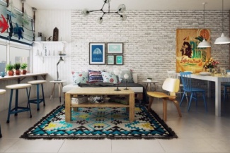 Neste, muita rusticidade do industrial. Ambiente integrado, com paredes de tijolinhos e móveis de páletes;