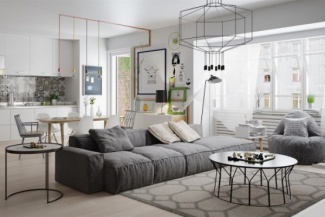 Aqui, ladrilho hidráulico na cozinha integrada com a sala combina com a sobriedade do sofá cinza;