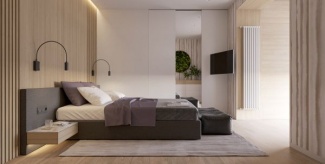 No quarto do casal com os mesmo tons de rocho e madeira adicionado com puff para apoio da cama em tons pratas que dá um pouco de sofisticação.