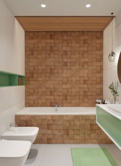placas de porcelanato que imita os blocos de madeira em toda a parede da banheira e revestindo a parte externa dela.