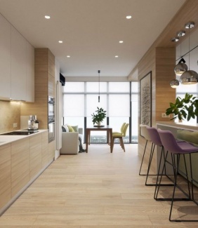 Cozinha com revestimento da pia em ladrilho hexagonal natural combinando com a medeira.