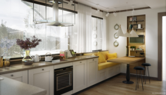 Cozinha com armários brancos clássicos, e integrado a espaço de refeição com canto alemão em almofadas amarelas e parede da mesa em madeira.